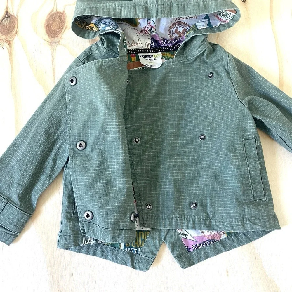 OshKosh B'gosh Jacket Kids 2T Green Hooded Double Breasted Lined Outdoor